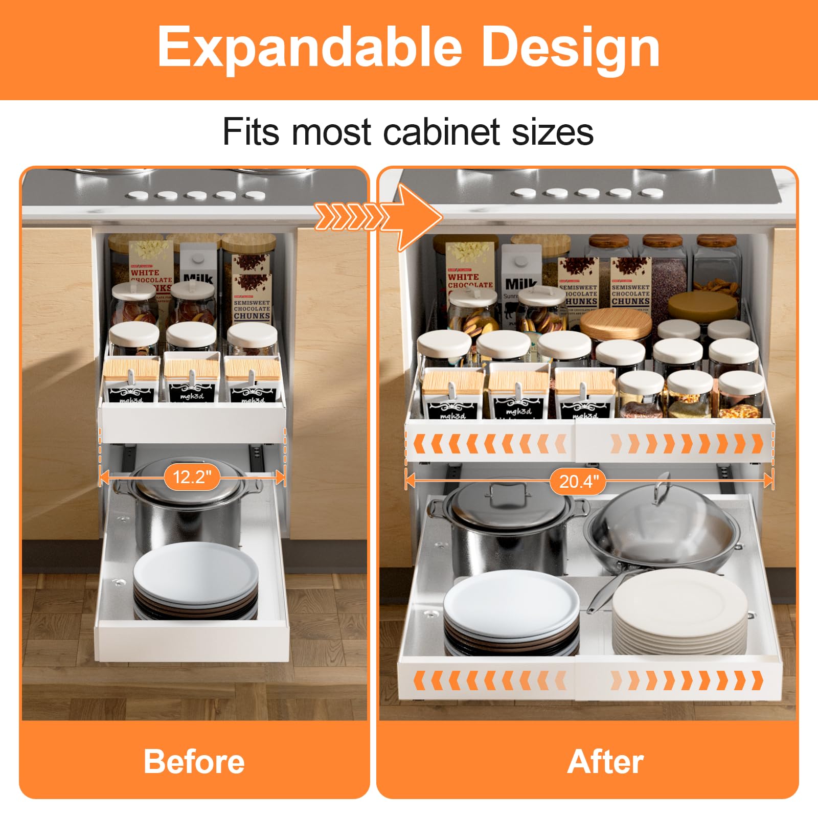 YJHome White Expandable Pull-Out Cabinet Organizer – No-Drill Adjustable Slide-Out Drawers with 3-Rail System (2 Pack)