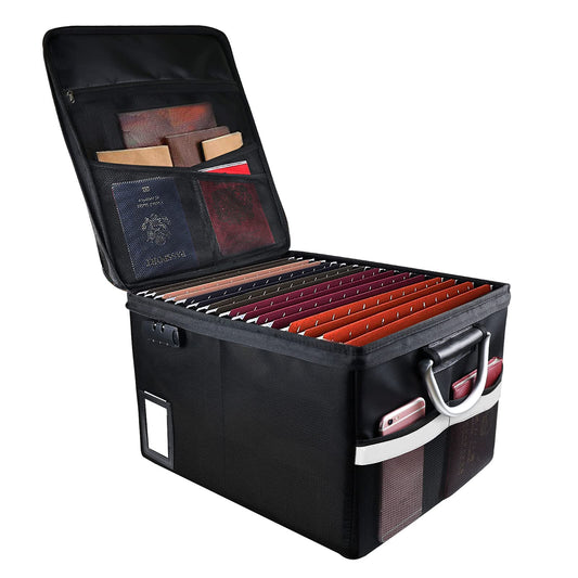 Fireproof Document File Organizer Box with Lock – Portable Water-Resistant Safe for Letter & Legal Files (Black)