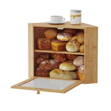 Large Corner Bamboo Bread Box with Adjustable Shelf & Wavy Acrylic Door for Kitchen Countertop