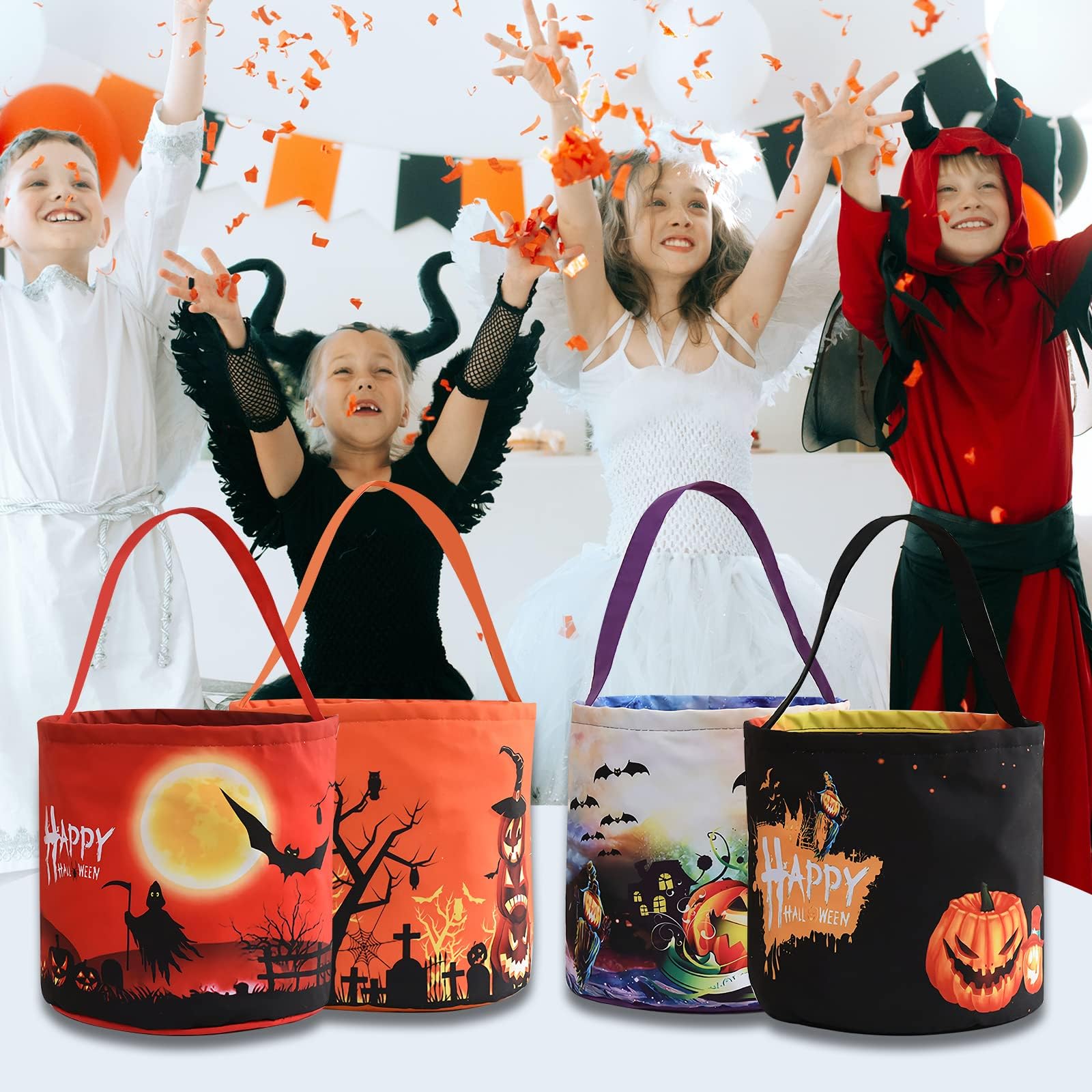 LED Light-Up Halloween Trick or Treat Bag – Pumpkin Design, Large Candy Bucket (Orange, 9x9 in)