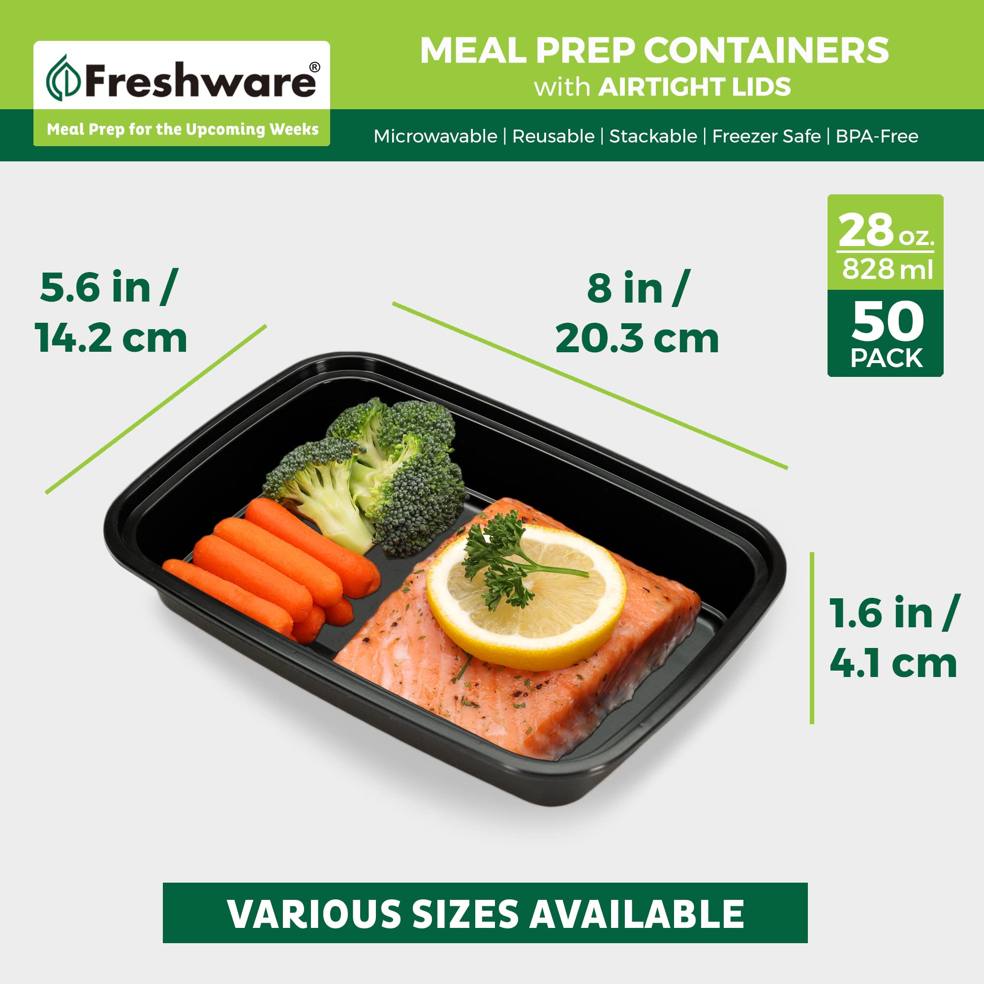 Freshware 28oz Meal Prep Containers – 50 Pack, BPA-Free Bento Lunch Boxes