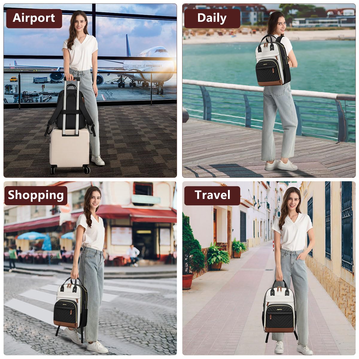 Women’s 15.6” Laptop Backpack with USB Charging Port – Large Waterproof Work & Travel Backpack with Anti-Theft Design (Beige/Black/Brown)