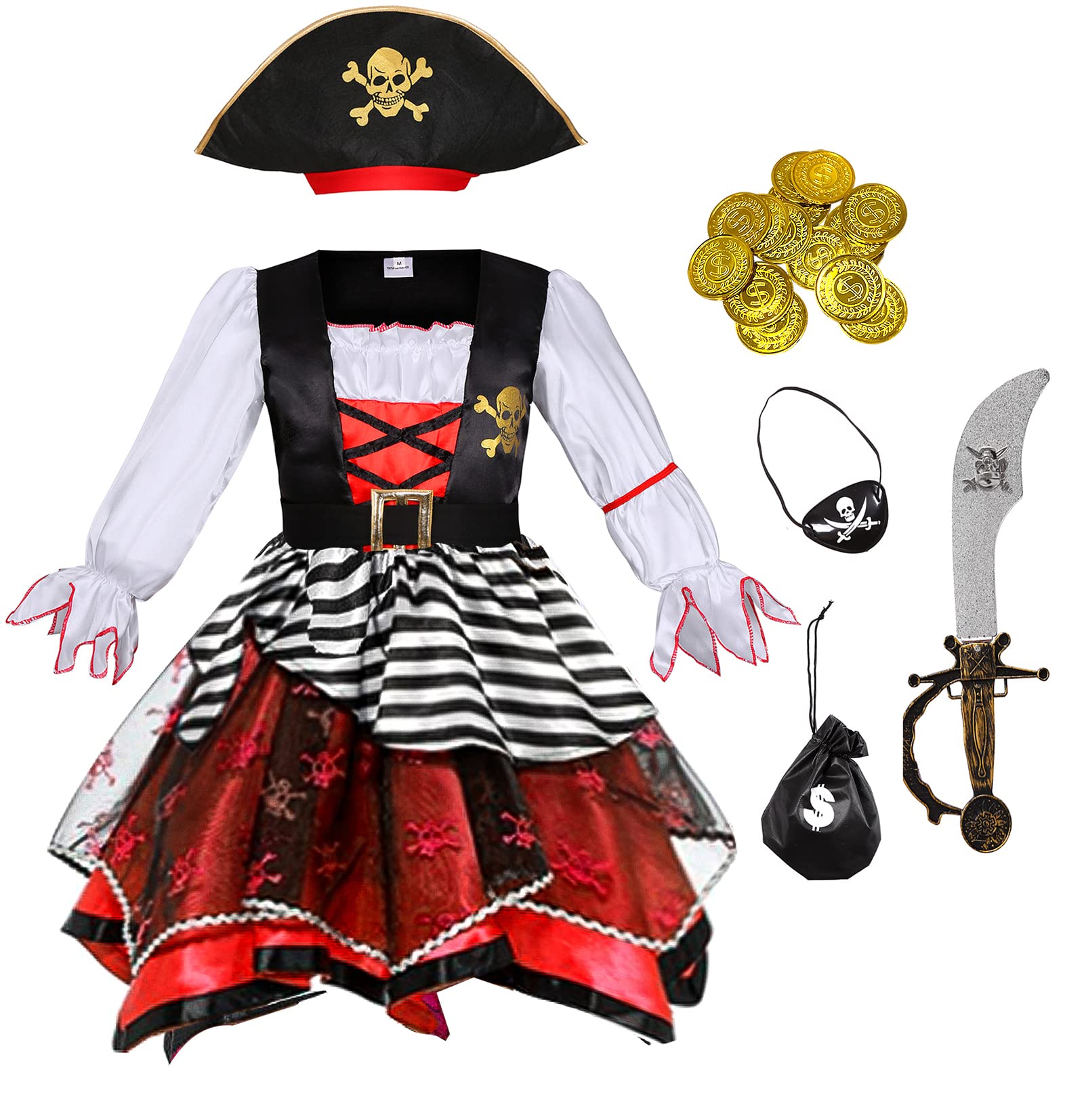 Girls Pirate Princess Costume – Red & Black Halloween Dress with Eye Patch, Coin Pouch and Pirate Accessories