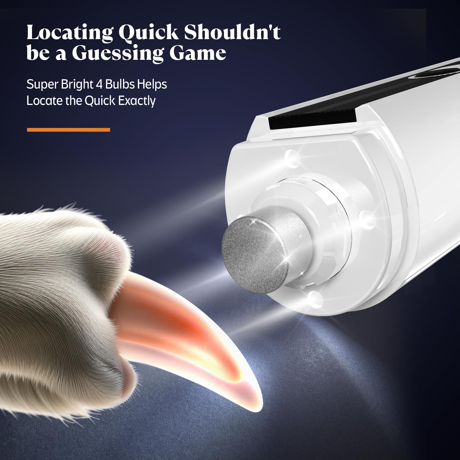 Rechargeable Dog Nail Grinder with 4 LED Lights & Type-C Charging – 3-Speed Quiet Pet Nail Trimmer (White)