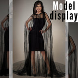 Women’s Long Black Hooded Cloak – Gothic Tulle Cape with Metal Buckle for Halloween, Cosplay & Weddings