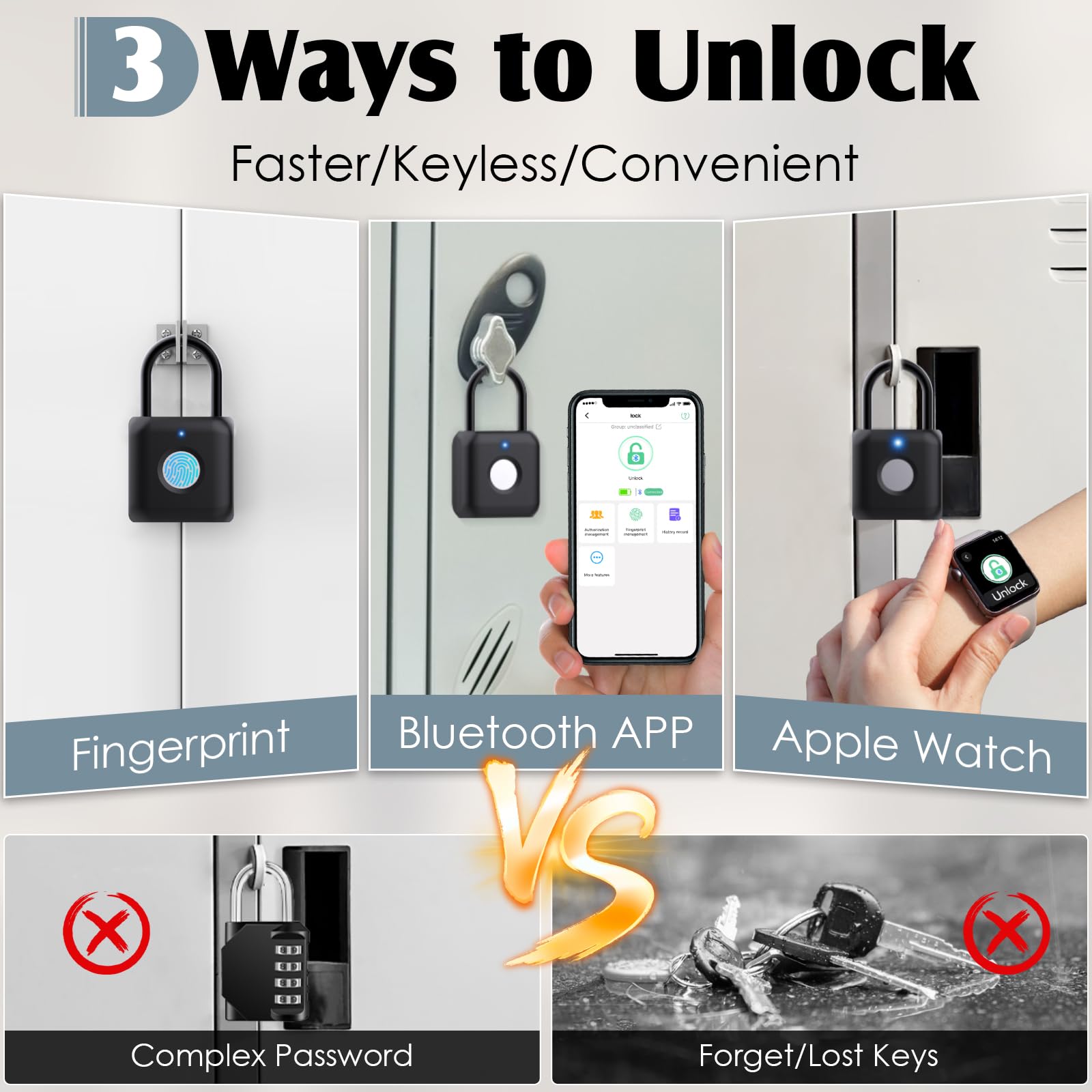 eSmartLock Bluetooth Fingerprint Padlock with App Control, USB Rechargeable Biometric Lock for Gym Locker, Luggage & Storage