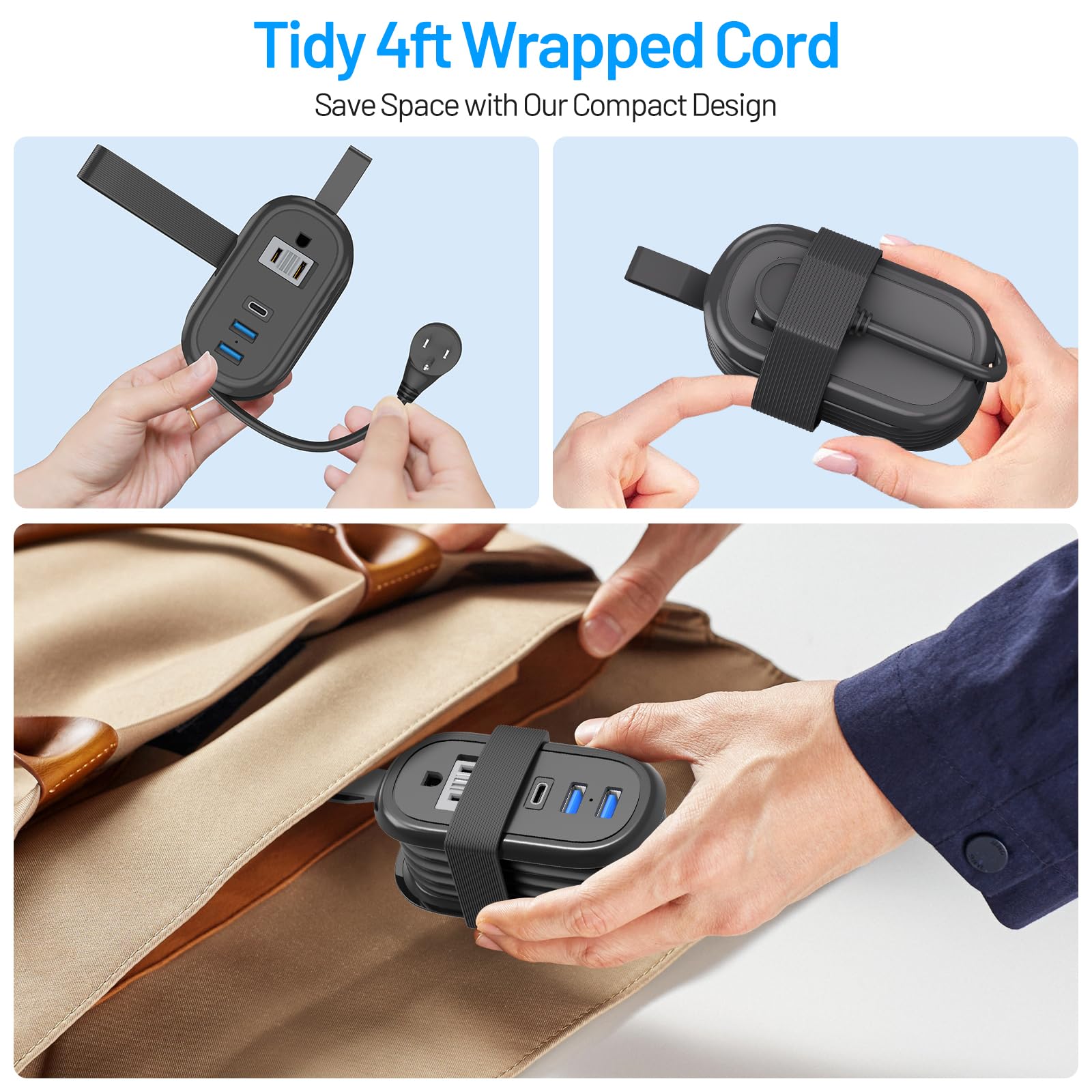 Mini Travel Power Strip with USB-C – Compact Extension Cord with 2 AC Outlets & USB Charging Ports for Travel