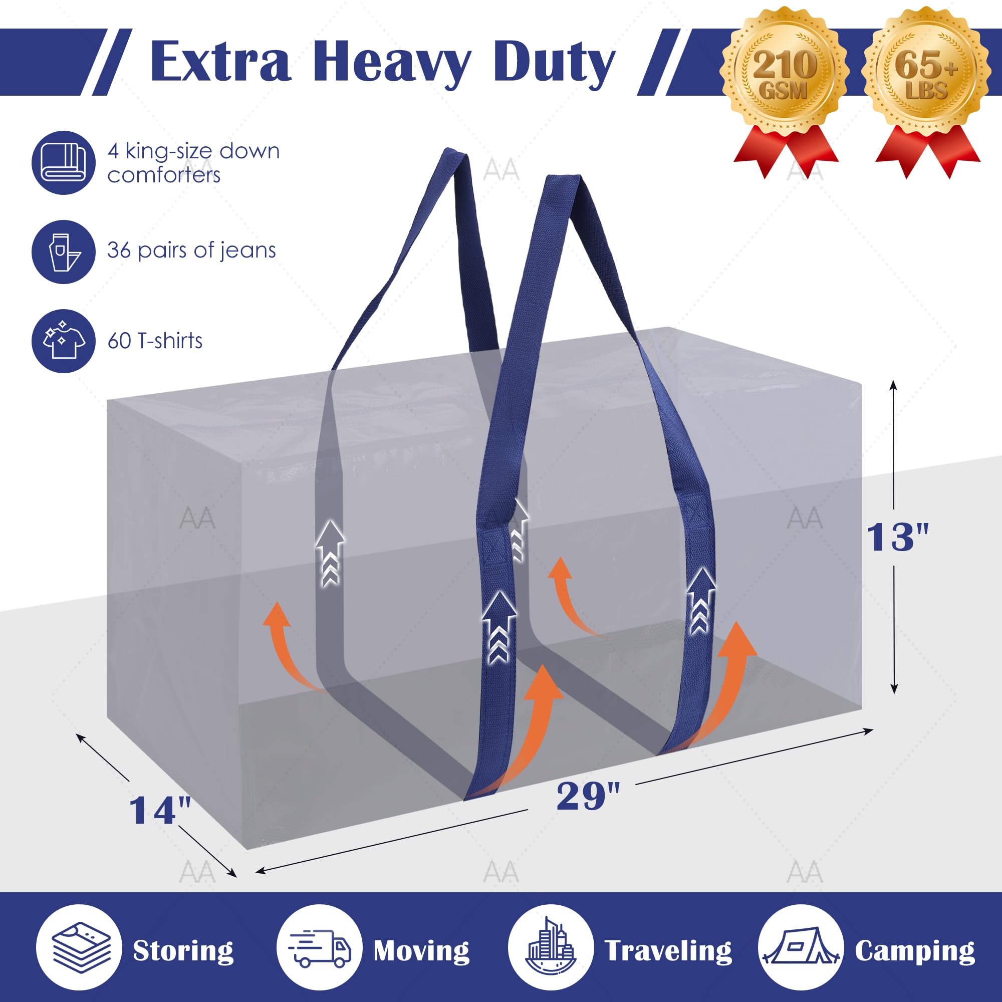 Extra Large Heavy Duty Moving Bags – Reinforced Zipper Storage & Packing Bags (Dark Blue, 6-Pack)
