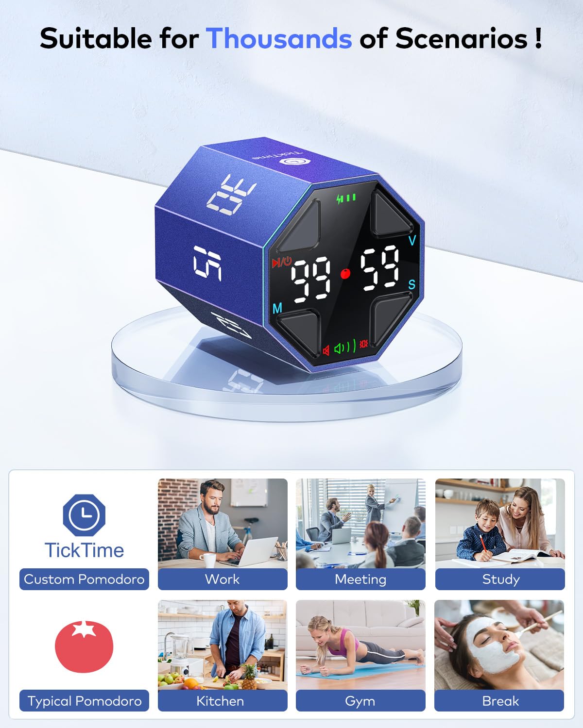 Ticktime Pomodoro Timer Cube with Custom Pomodoro, Flip Pause & Resume, Magnetic Rechargeable Desk Timer with Silent, Vibration & Adjustable Sound Alerts – Blue