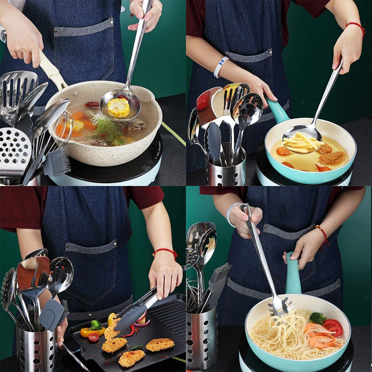 13-Piece Stainless Steel Kitchen Utensil Set with Mirror Finish & Holder – Silver