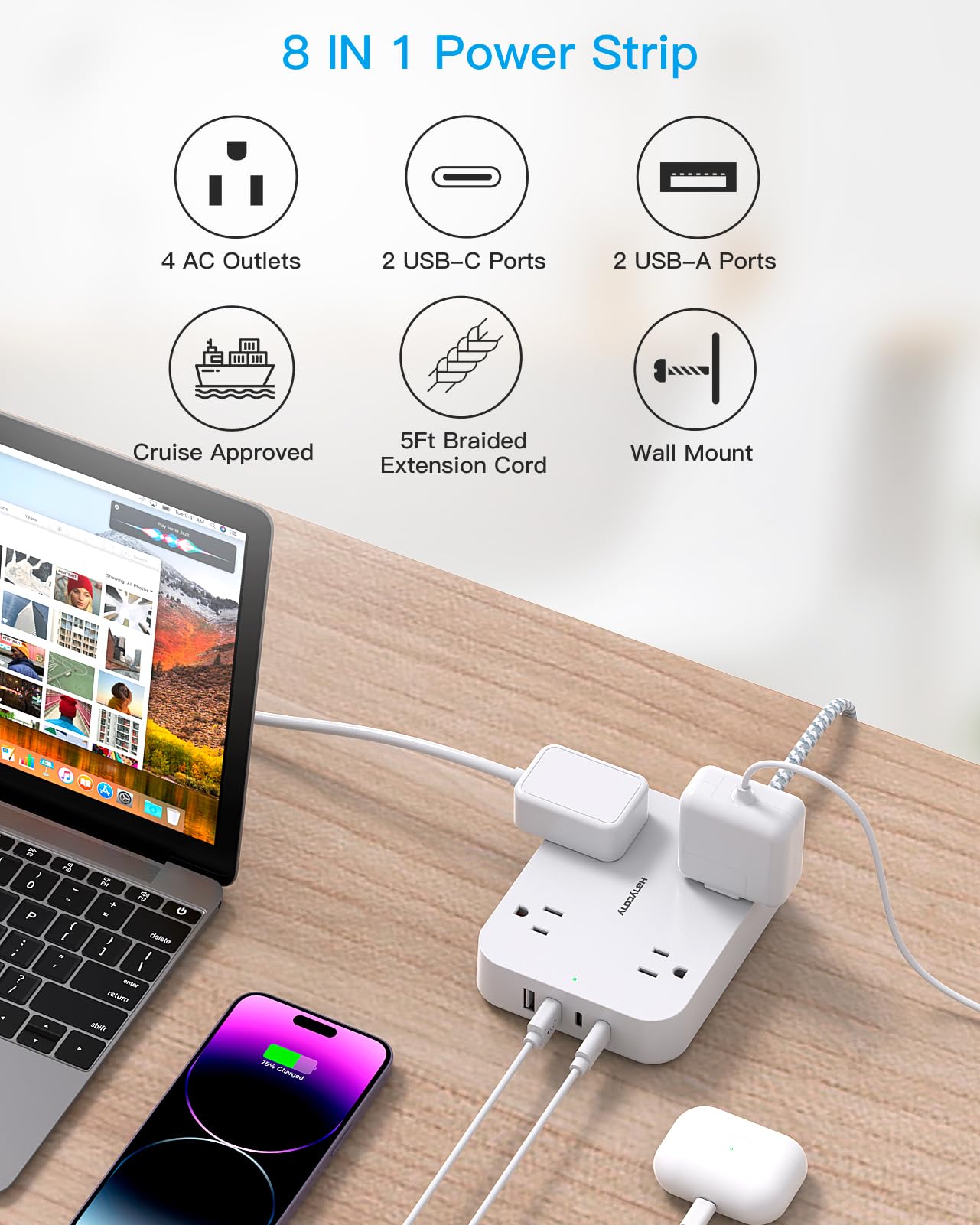 Flat Plug Extension Cord with USB-C – 8-in-1 Power Strip for Desk, Wall & Travel (White)