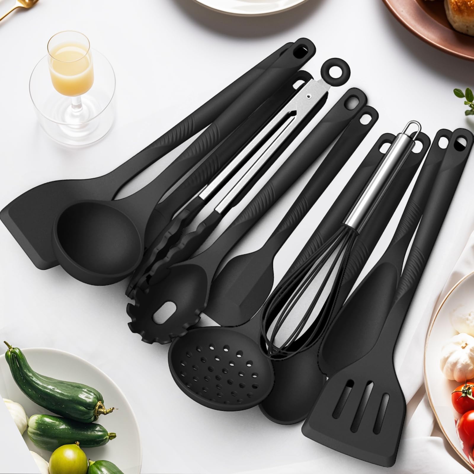 Heavy-Duty Silicone Kitchen Utensil Set with Stainless Steel Core – Heat Resistant 600°F (Black)