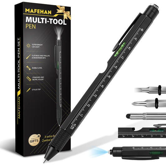 9-in-1 Multi Tool Pen with LED Light, Stylus & Screwdrivers – Aluminum EDC Gadget Gift Set Black