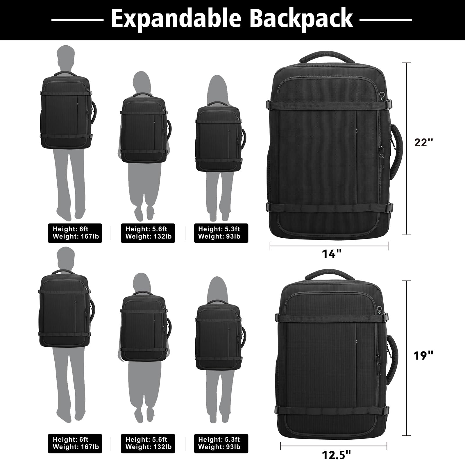 Expandable 40–50L Carry-On Travel Backpack with Lay-Flat Opening & USB Cable Port – Fits 17.3” – Black