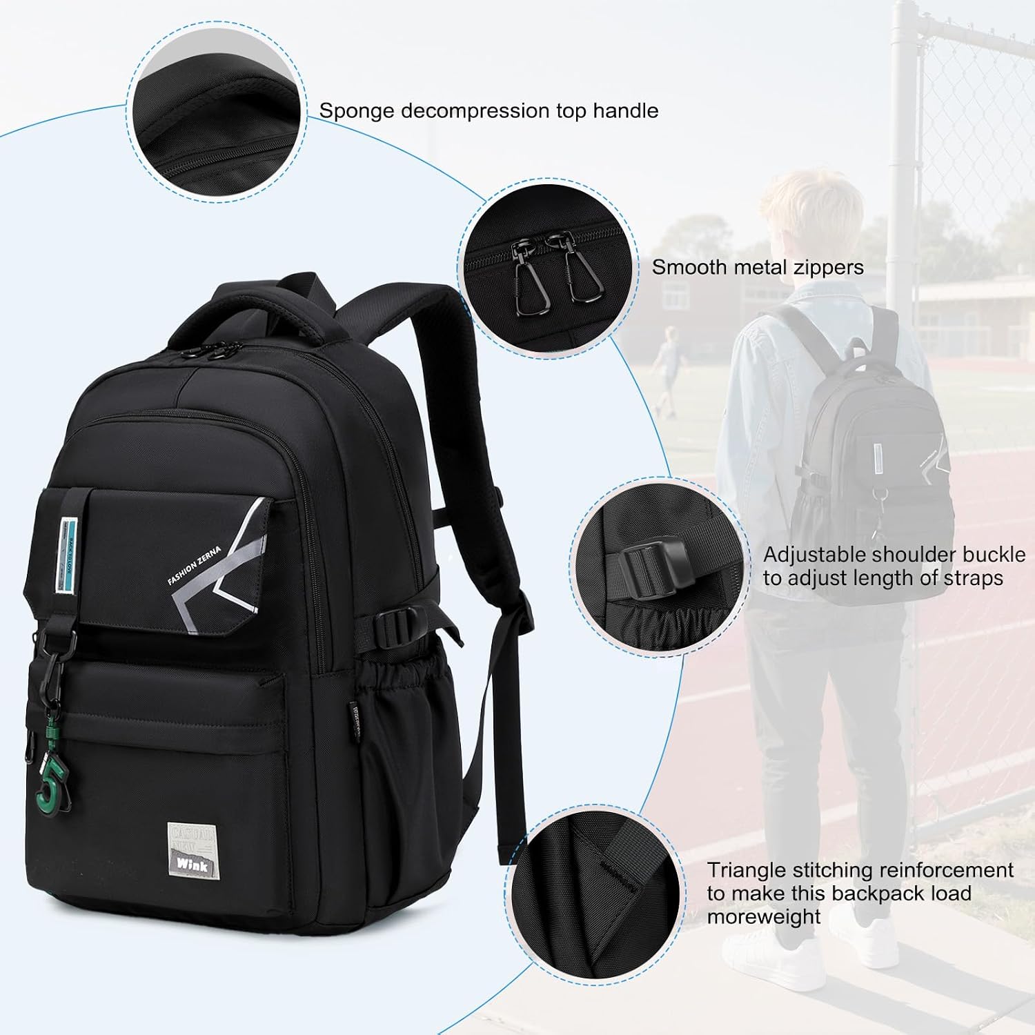 Black Water-Resistant School Backpack with Laptop Sleeve