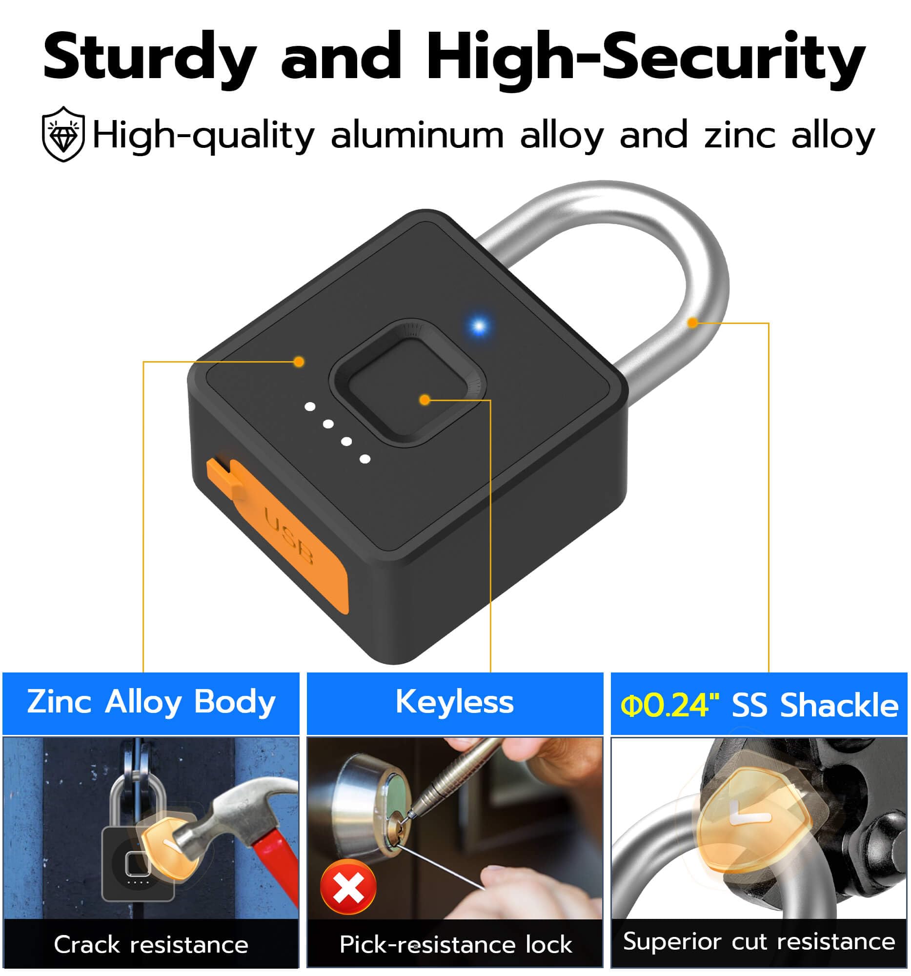 Smart Fingerprint & Passcode Padlock with App Control, USB-C Rechargeable Waterproof Security Lock for Gym, Luggage & Storage
