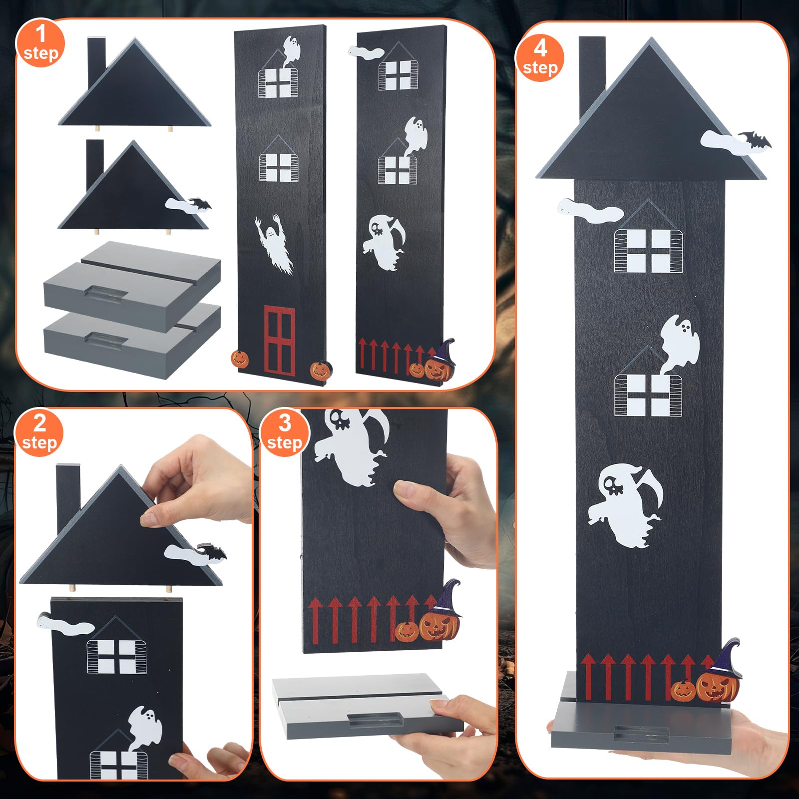 Halloween Office Cubicle Decor Set – Wooden Haunted House Desktop Decorations with Bat Stickers (Black)