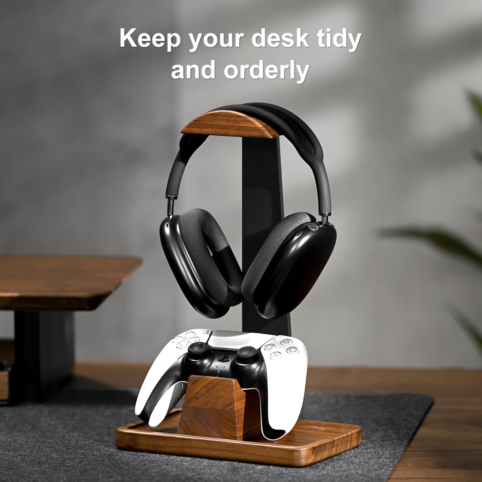 UPERGO Walnut Wood Headset Stand with Gaming Controller Holder & Storage Base for PS5, Xbox and Desk Setup Organization