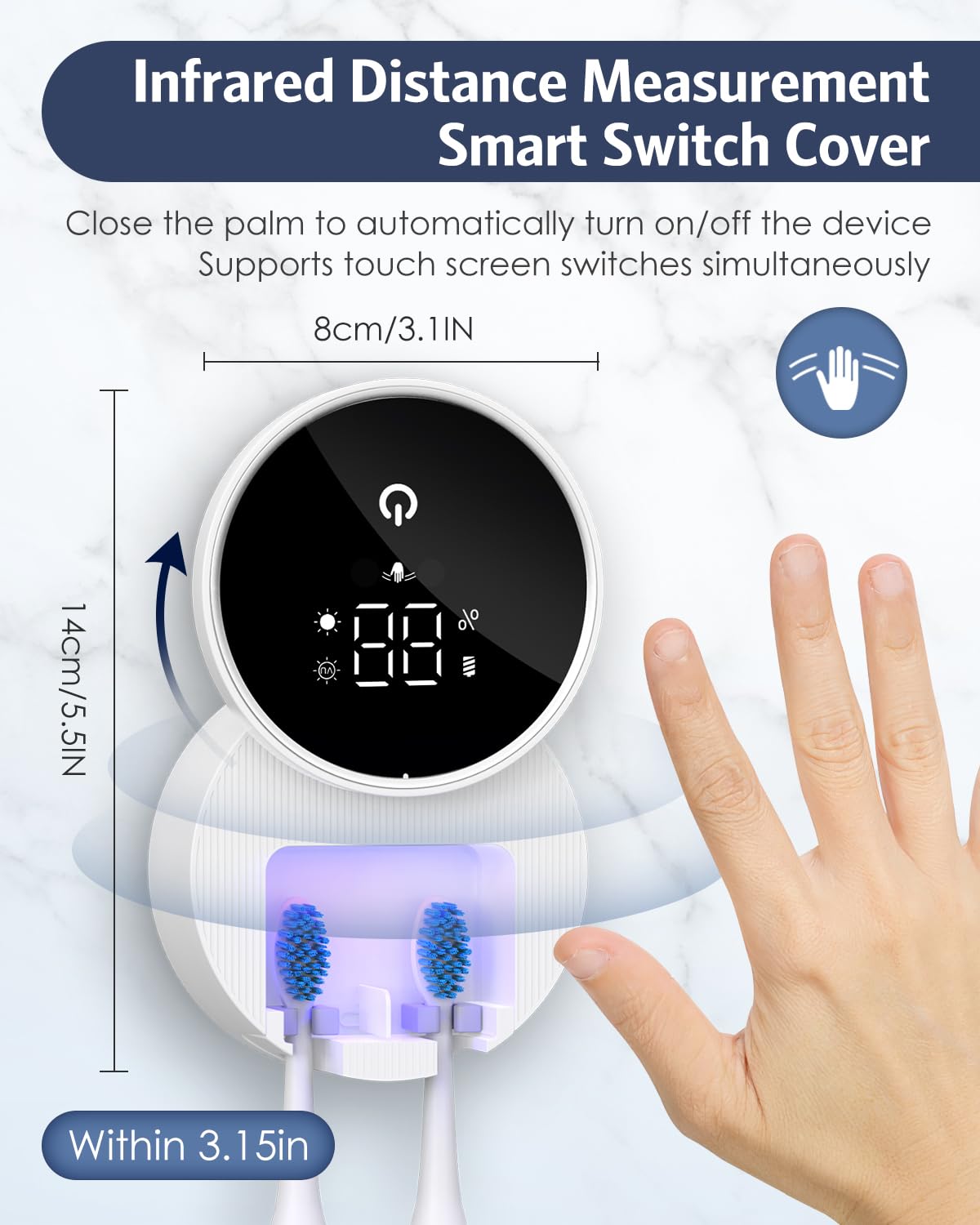 Smart UV Toothbrush Sanitizer Holder with Heat Drying & Motion Sensor – Wall Mounted Travel Hygiene Organizer White