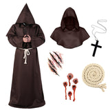 Brown Medieval Friar Robe Set – 6-Piece Hooded Monk Costume with Cross Necklace & Belt for Halloween & Cosplay ✝️🕯️