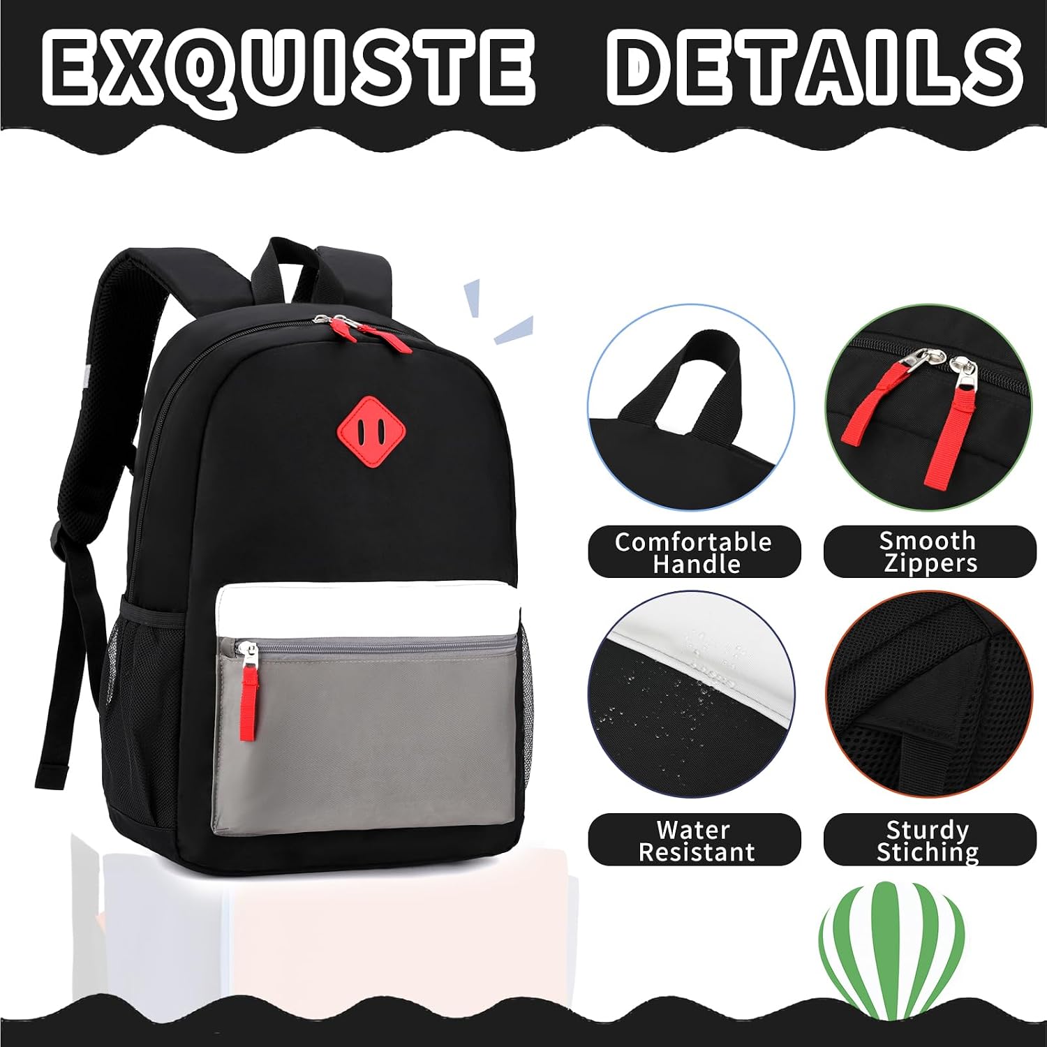 Black Grey Kids Backpack Set with Insulated Lunch Bag