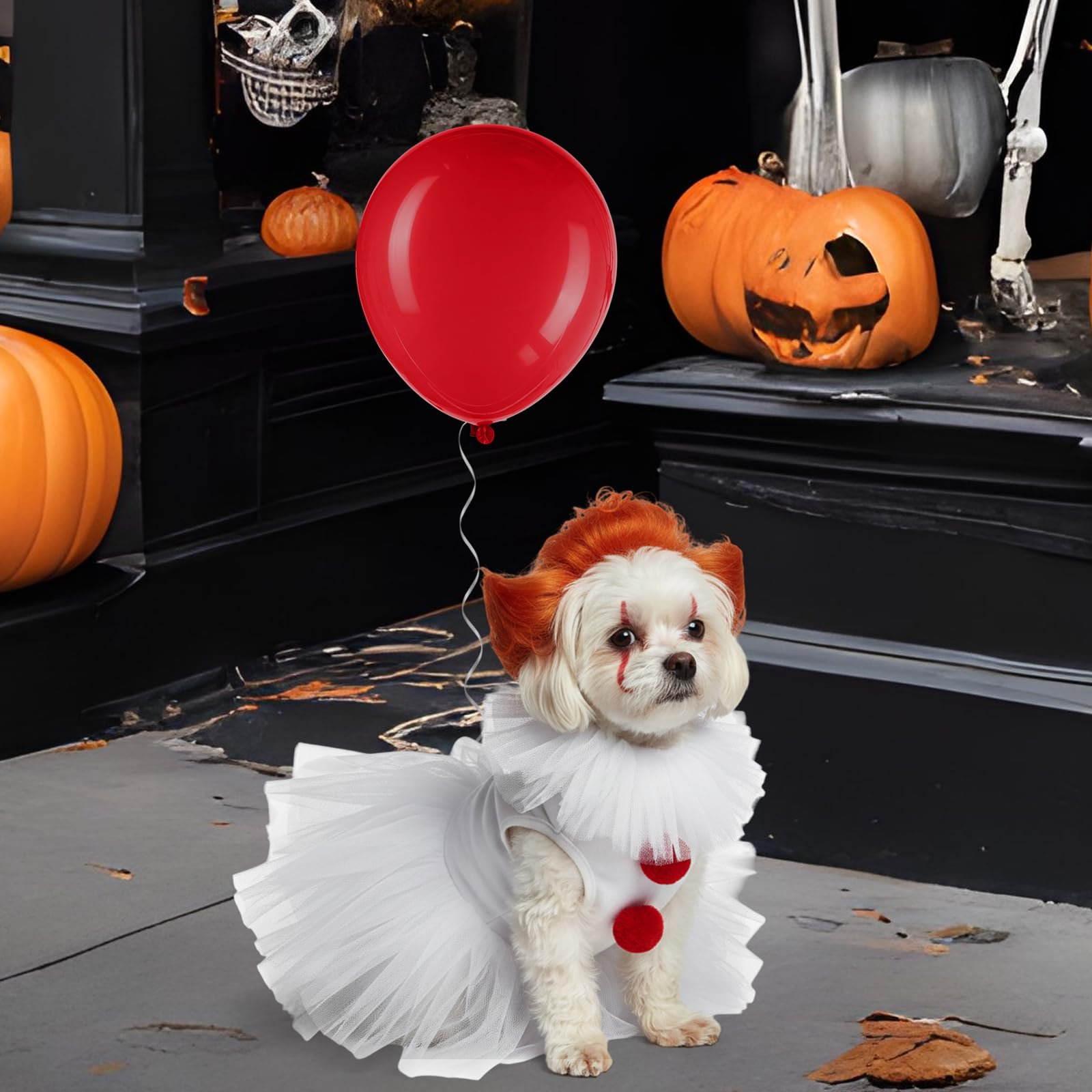 Dog Clown Halloween Costume – Red & White Pet Outfit with Neck Ruff, Skirt, Pompons, Balloons & Adjustable Straps