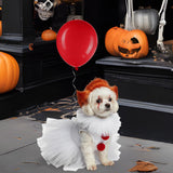 Dog Clown Halloween Costume – Red & White Pet Outfit with Neck Ruff, Skirt, Pompons, Balloons & Adjustable Straps