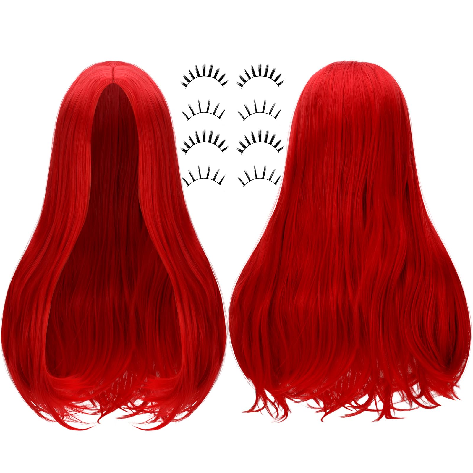 Red Long Wig & False Eyelash Set – Halloween Costume Accessories for Women 💋🎃