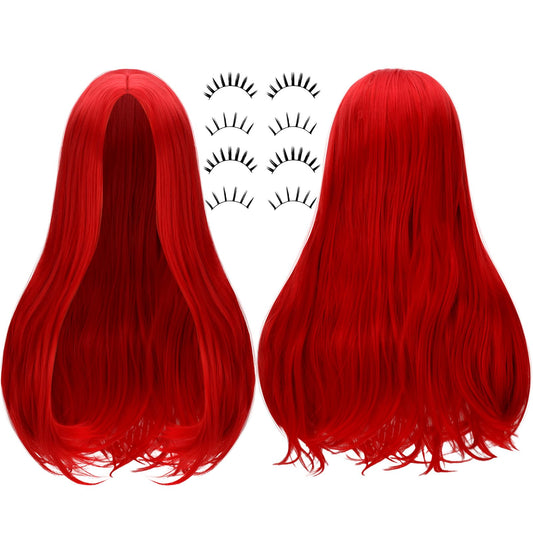 Red Long Wig & False Eyelash Set – Halloween Costume Accessories for Women 💋🎃