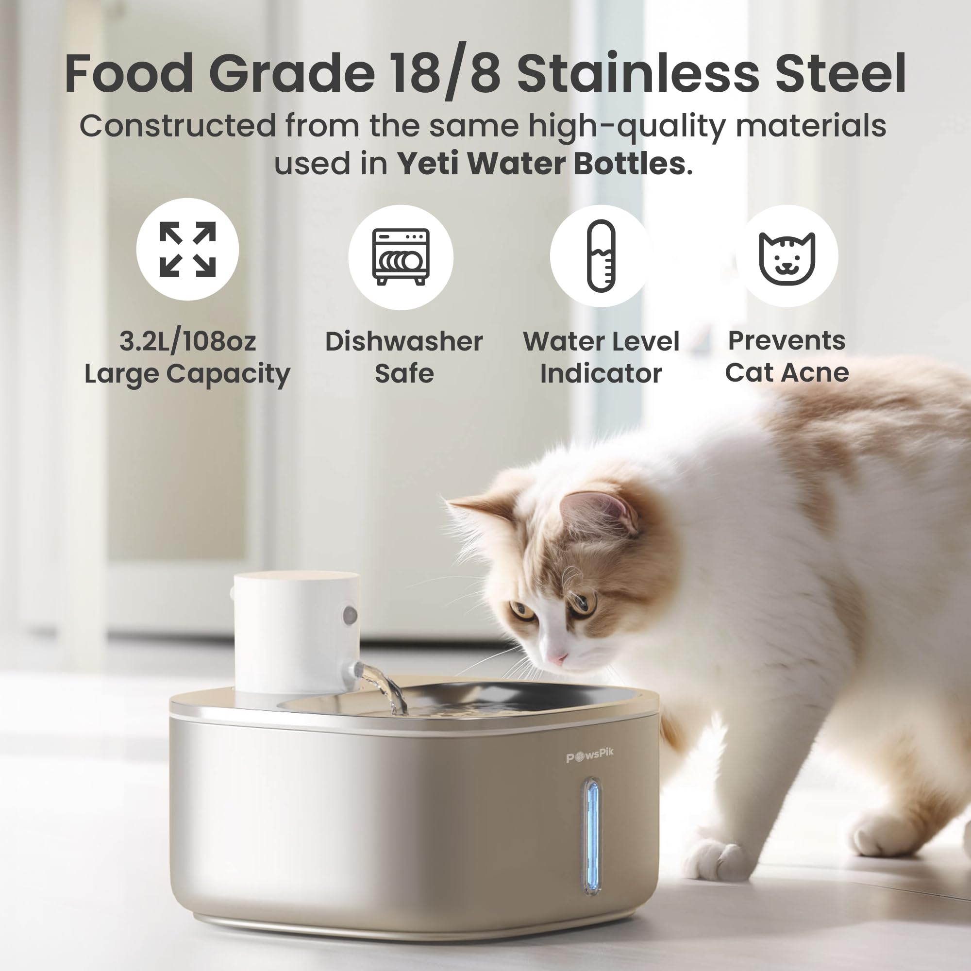 PawsPik Stainless Steel Smart Pet Water Fountain 3.2L – 5000mAh Motion Sensor & 5-Layer Filtration System