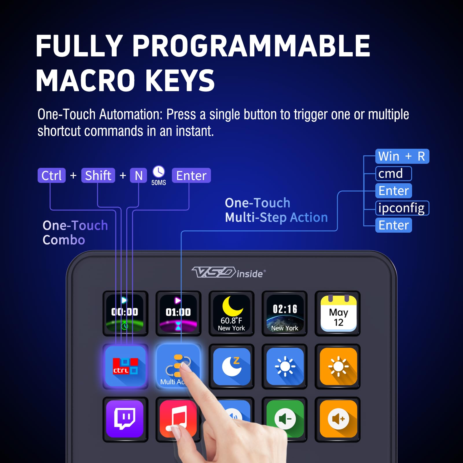 VSDinside 18-Key Programmable Macro Keypad Stream Controller with LCD Visual Keys & RGB Ring for Gaming, Streaming and Workflow Control