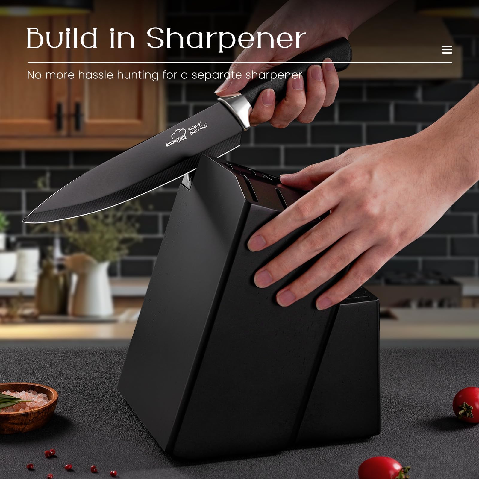 21-Piece Elegant Black Knife Block Set with Built-In Sharpener – Precision German Steel