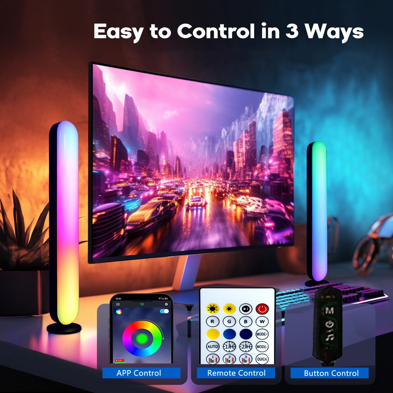 RGB IC Music Sync Light Bars (2-Pack) – USB Powered Ambient Desk & TV Lighting with App & Remote Control – Black