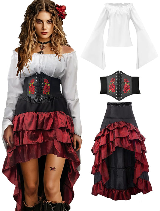 Women’s Renaissance Pirate Costume – White & Red 3-Piece Set with Off-Shoulder Blouse, High-Low Skirt & Corset Waist Belt