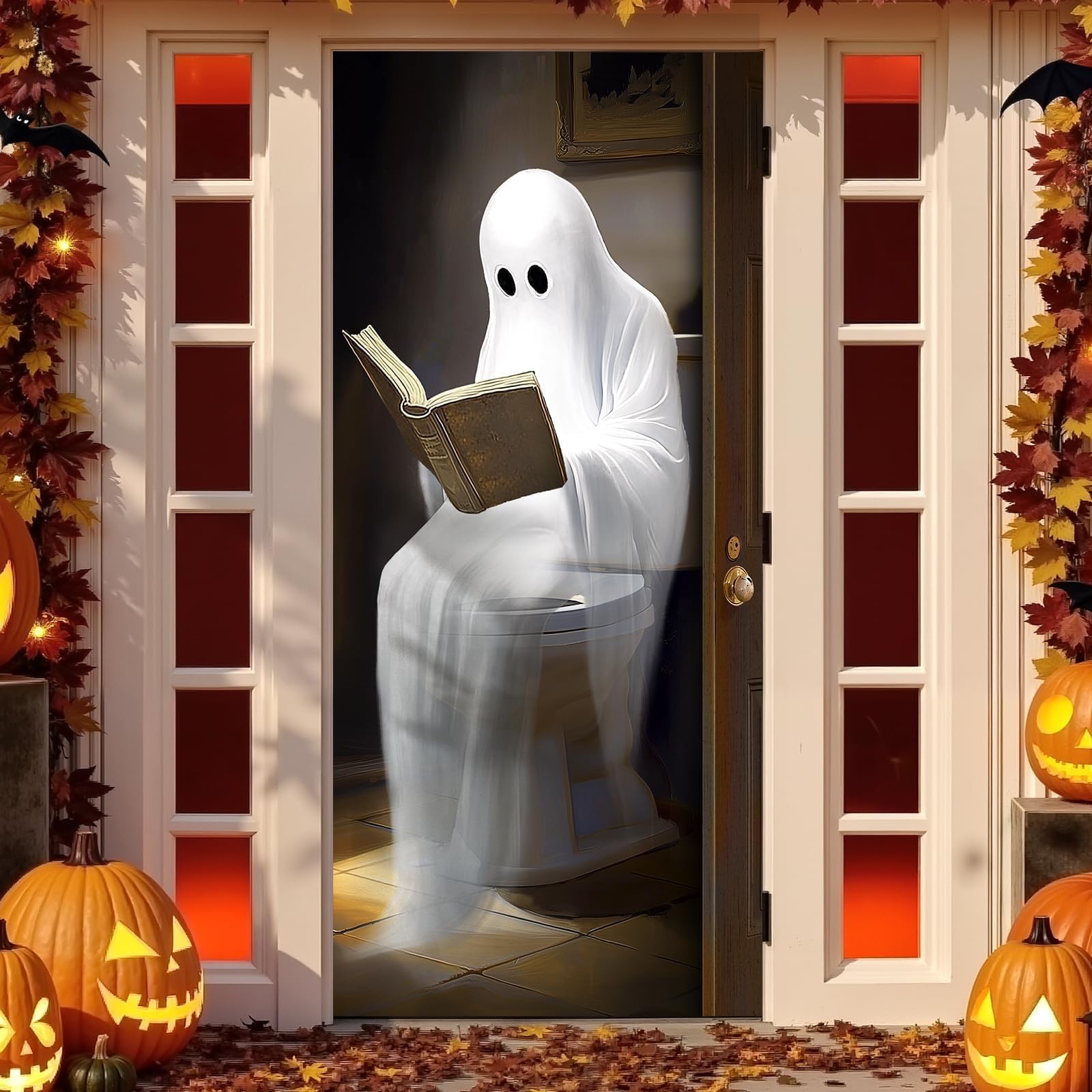 Halloween Ghost Door Cover – Large 3D Printed Spooky Banner with Rope for Hanging, Durable Outdoor & Indoor Decoration (35x79 Inches, Multicolor)