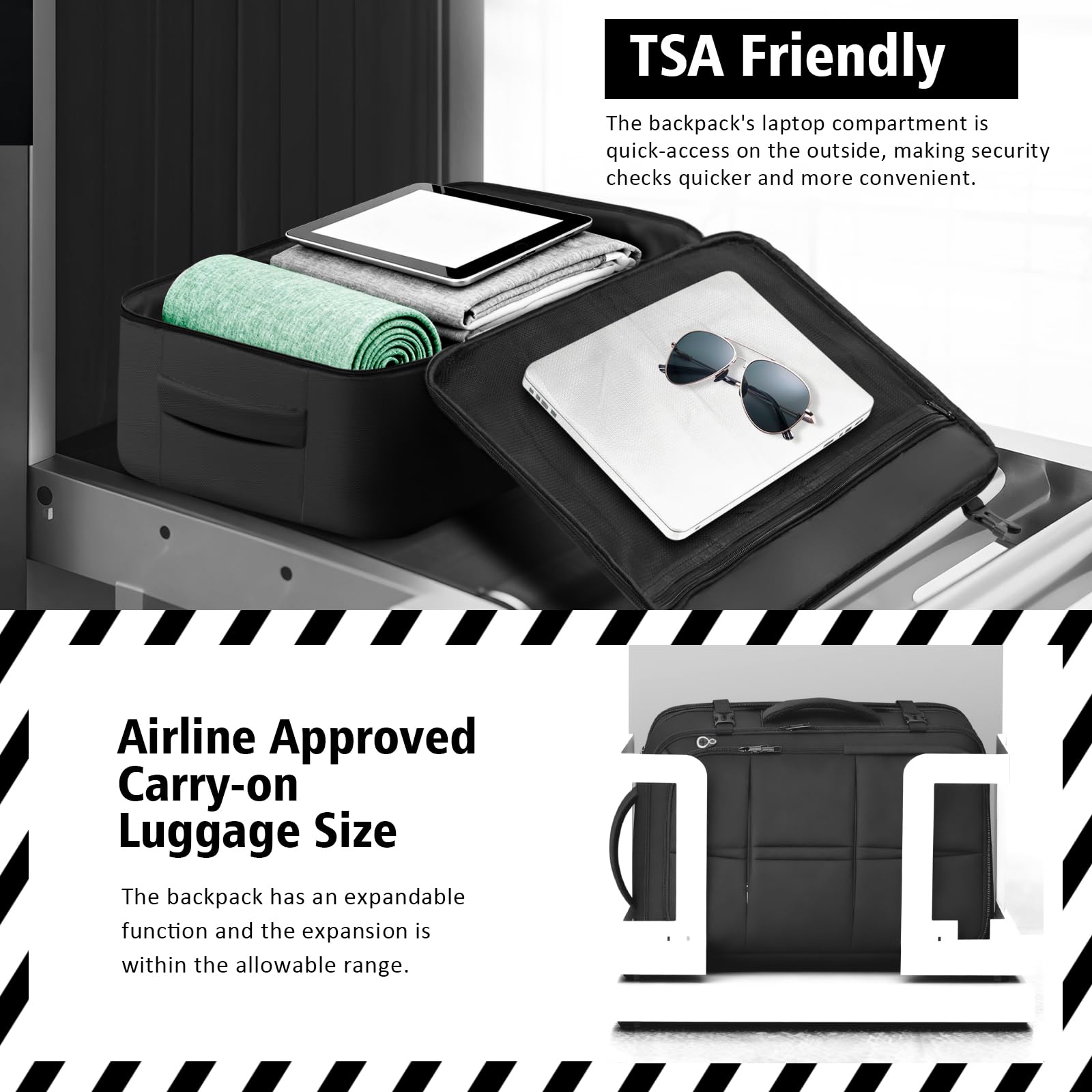 TAZBUZO 50L Expandable Travel Backpack – Extra Large Carry-On Laptop Backpack Fits Up to 18.4” Laptop (Black)