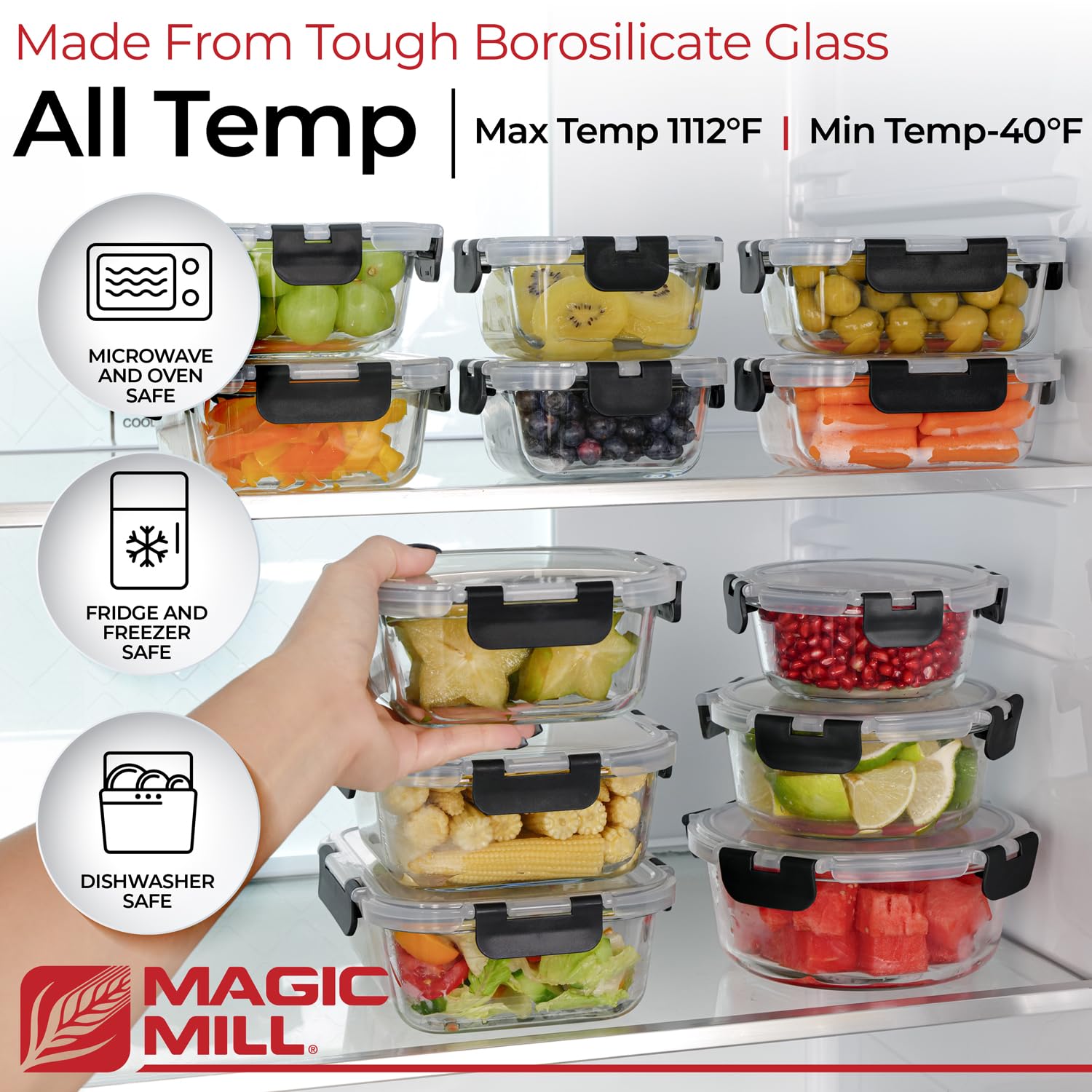 Glass Food Storage Containers with Lids – 24-Piece Airtight Borosilicate Meal Prep Set (Black Lids)