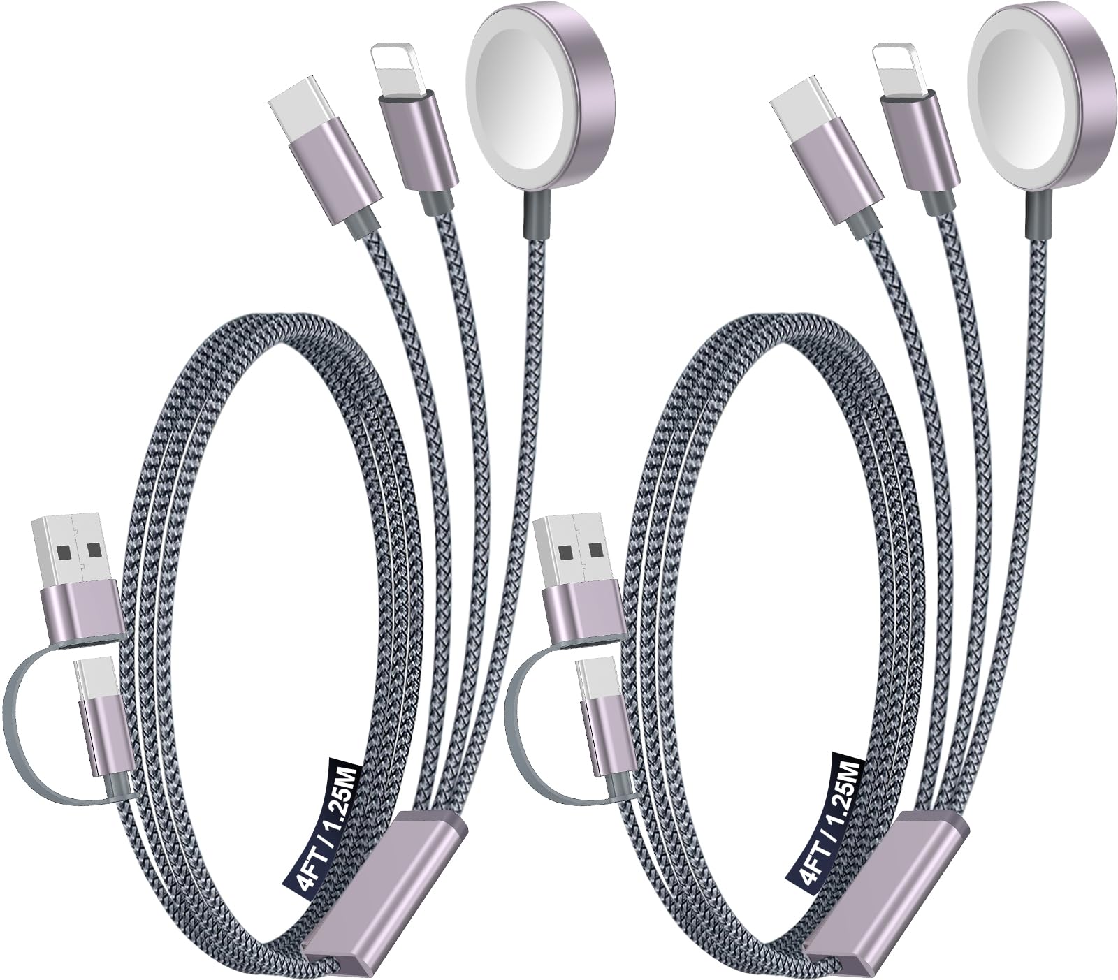 2-Pack 3-in-2 Multi Charging Cable for iPhone, Apple Watch & USB-C Devices – Travel Charging Cord (Gray)