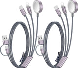 2-Pack 3-in-2 Multi Charging Cable for iPhone, Apple Watch & USB-C Devices – Travel Charging Cord (Gray)