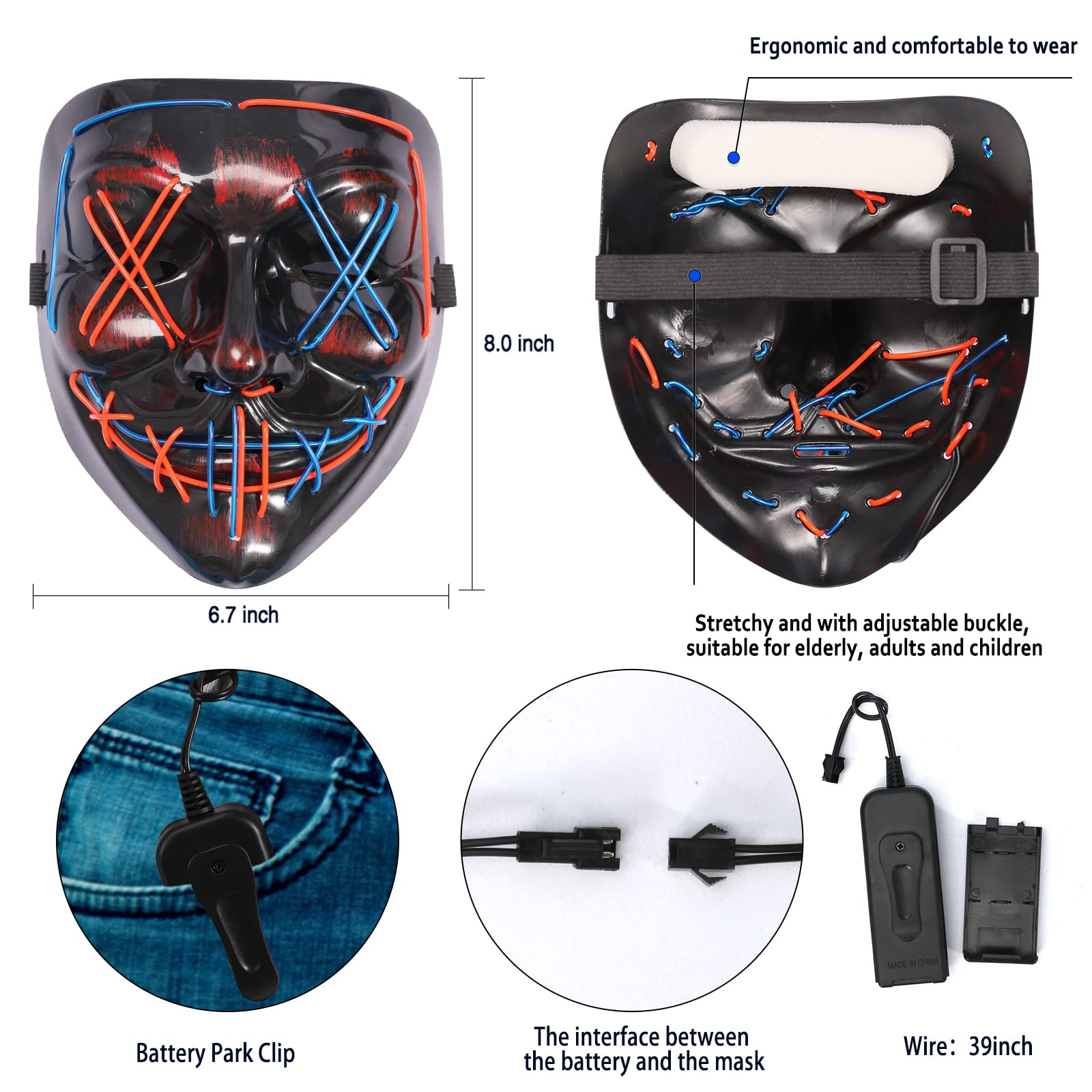 Blue & Red LED Halloween Mask with Glowing Gloves – Light-Up Purge-Style Costume Set for Kids & Adults (3 Lighting Modes)