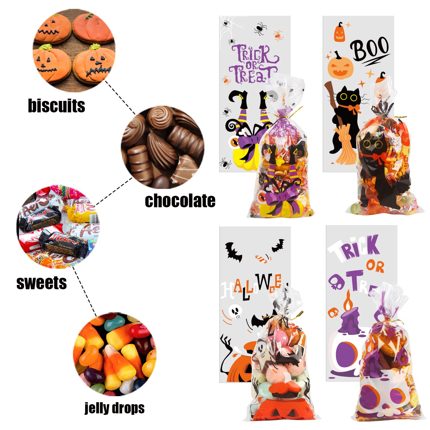 Halloween Treat Bags Set – 200 Cellophane Candy Bags with 240 Twist Ties (4 Festive Designs)
