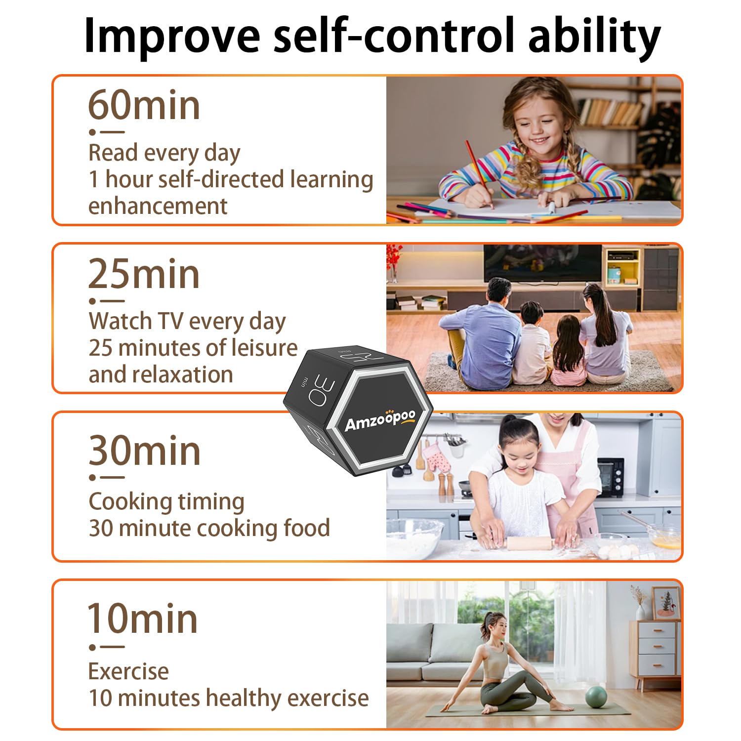 AMZOOPOO Magnetic Flip Cube Timer with Custom Countdown, Visual Display & Hands-Free Control – Black