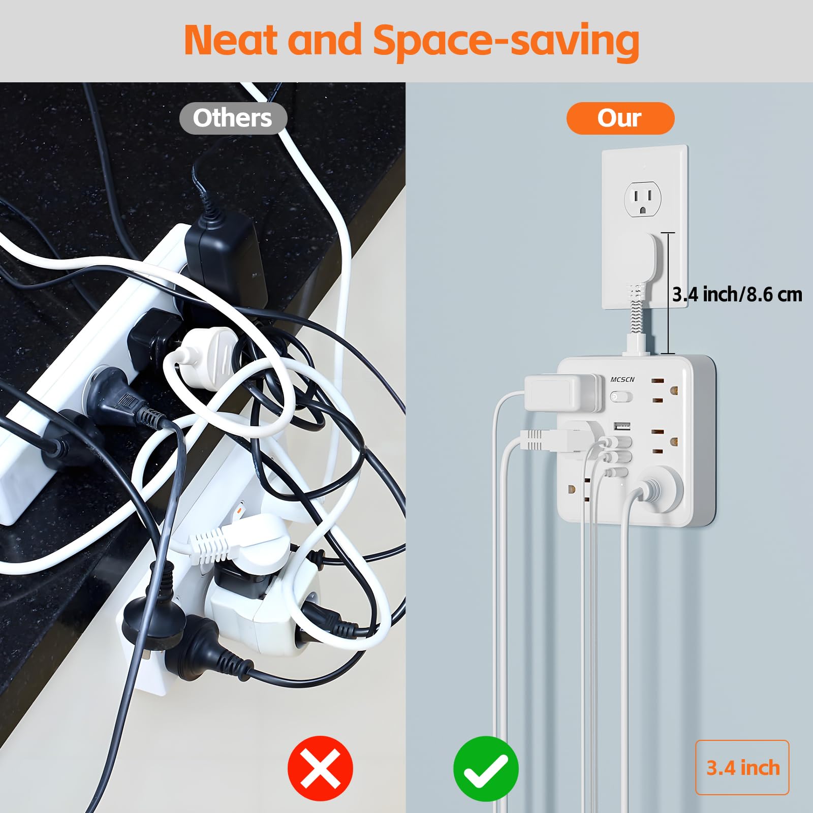 10-in-1 Slim Power Strip with Flat Plug – Surge Protector with 6 AC Outlets & USB-C (White)