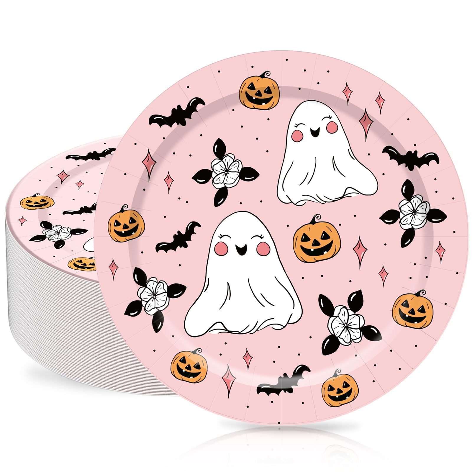 Pink Halloween Paper Plates – 40 Pcs 9" Disposable Plates with Ghost, Bat & Pumpkin Designs for Parties & Everyday Use
