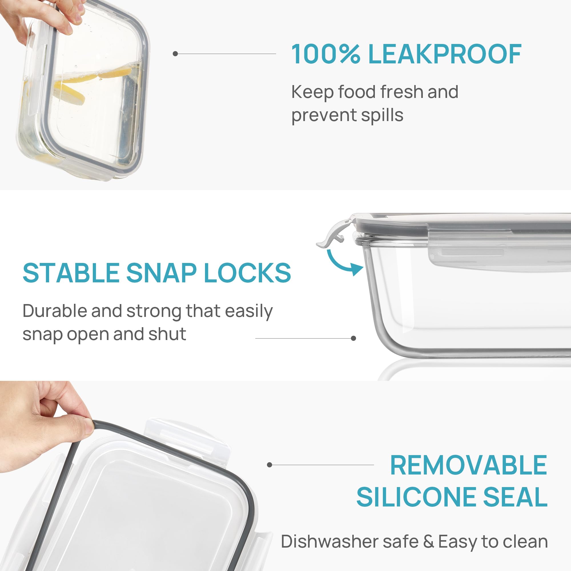 63oz Large Glass Food Storage Containers with Airtight Flip Lids – BPA-Free Borosilicate Meal Prep Set (Grey)
