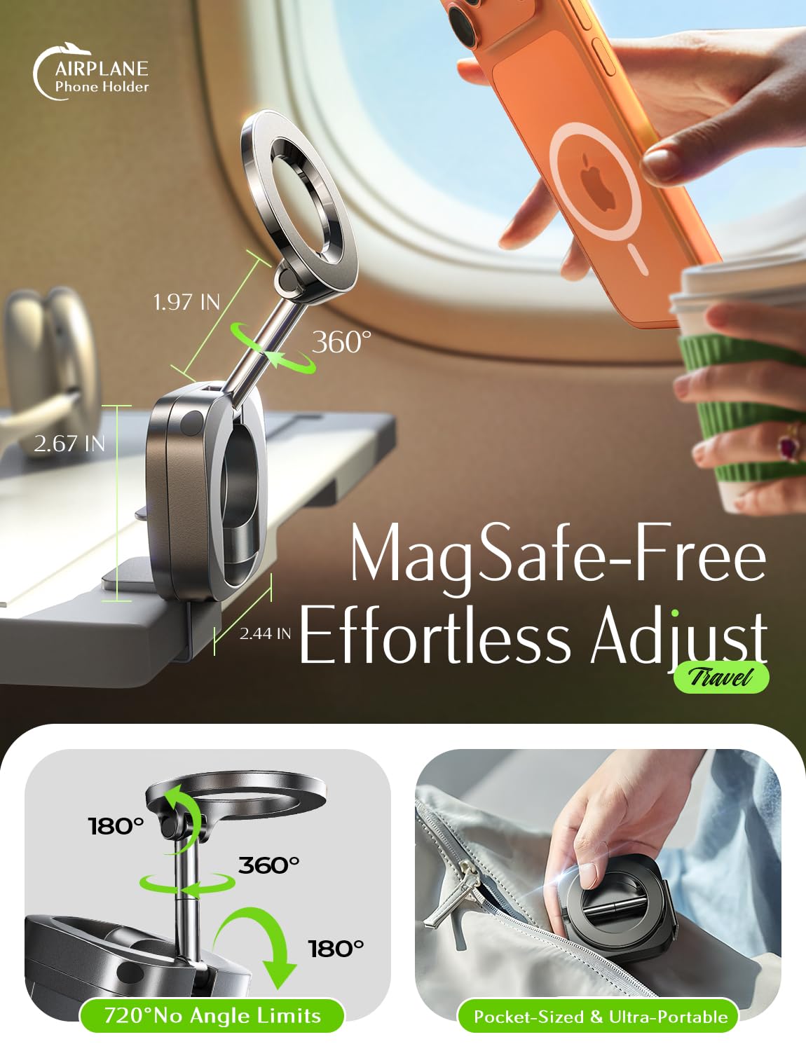 MagSafe Airplane Phone Holder Mount – 360° Rotating Travel Phone Stand for iPhone, Tray Tables & Luggage Handles