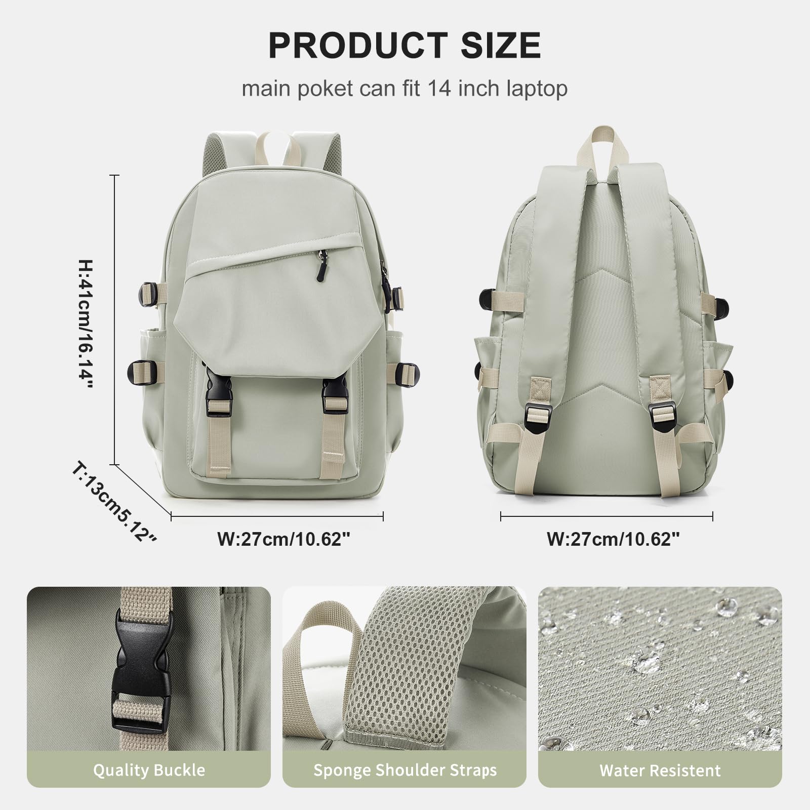 COOWOZ Lightweight College Laptop Backpack for Men & Women – Water-Resistant School & Travel Daypack (Grey Green)