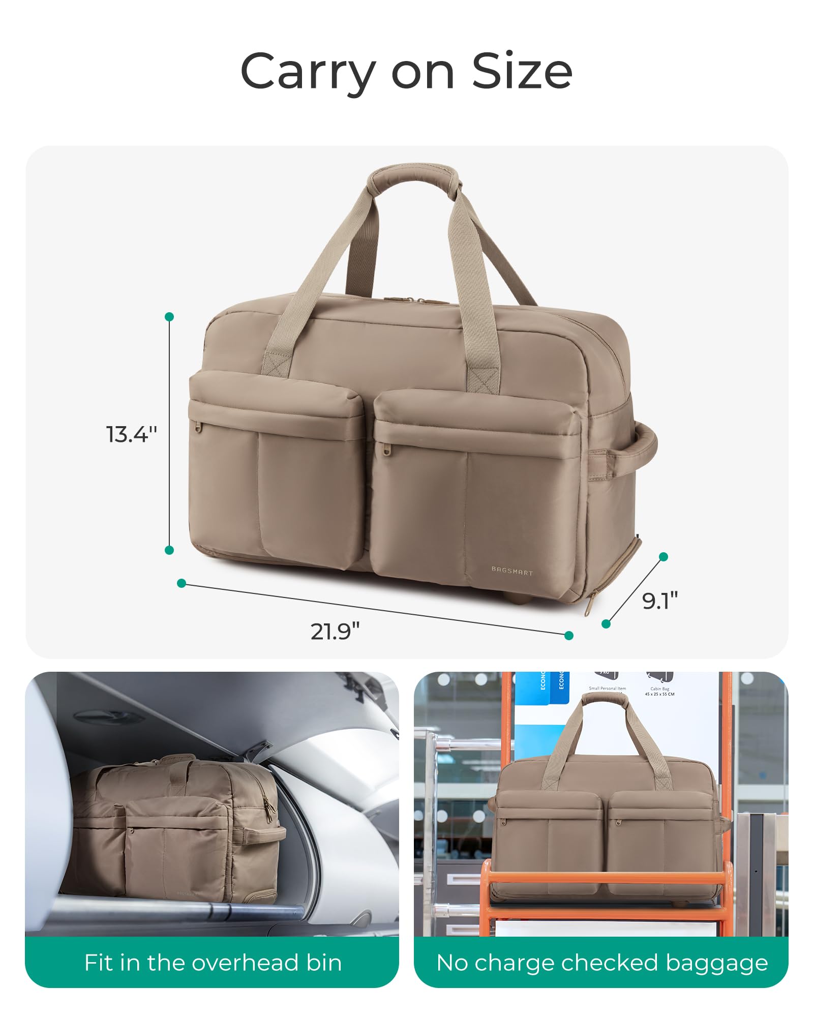 Bagsmart 42L Rolling Duffle Bag with Wheels & Wet Pocket – Airline Approved Carry-On, Pink