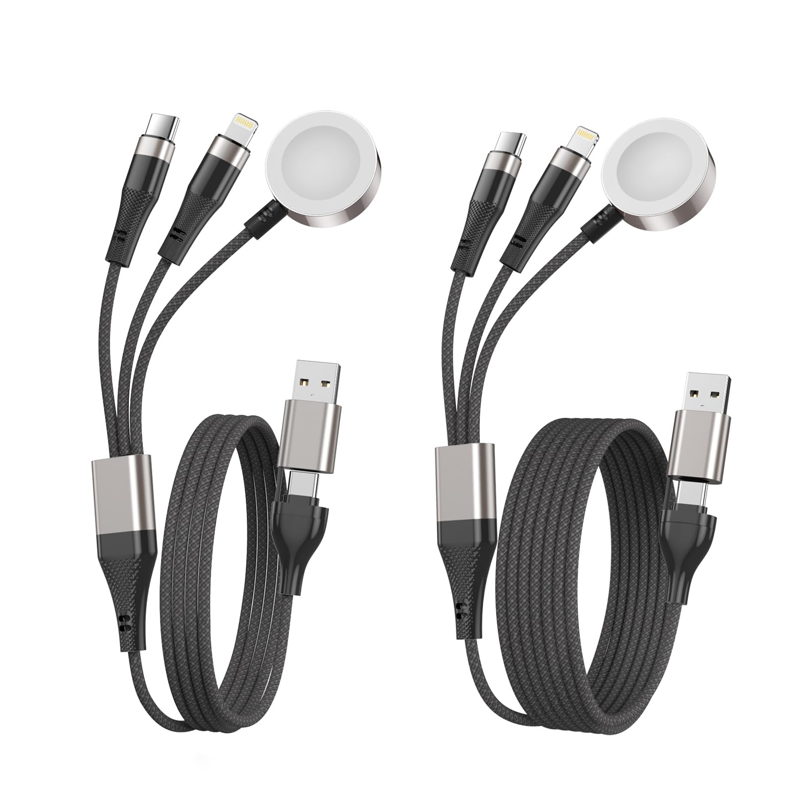2-Pack 3-in-2 Multi Fast Charging Cables – Magnetic Apple Watch Charger with USB-A & USB-C Inputs (2ft & 6ft, Dark Grey)
