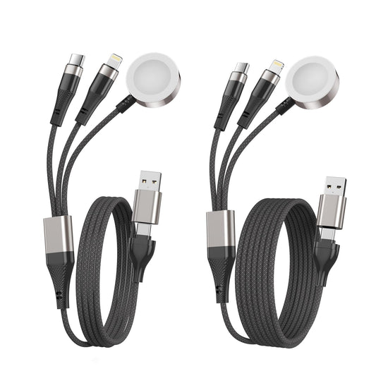 2-Pack 3-in-2 Multi Fast Charging Cables – Magnetic Apple Watch Charger with USB-A & USB-C Inputs (2ft & 6ft, Dark Grey)
